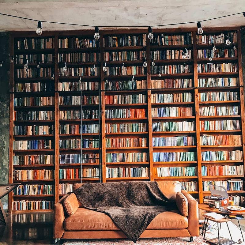 Cozy room with a large bookshelf filled with colorful books, a brown leather sofa, a dark throw blanket, and hanging light bulbs above.
